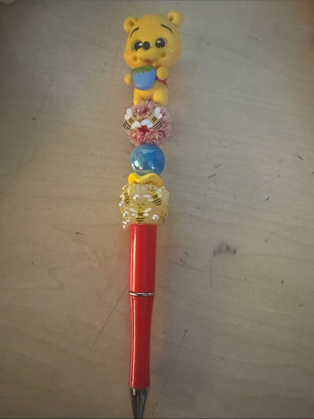 Yellow Bear Top Red Kids Ballpoint Pen - Cute Animal Bead Design